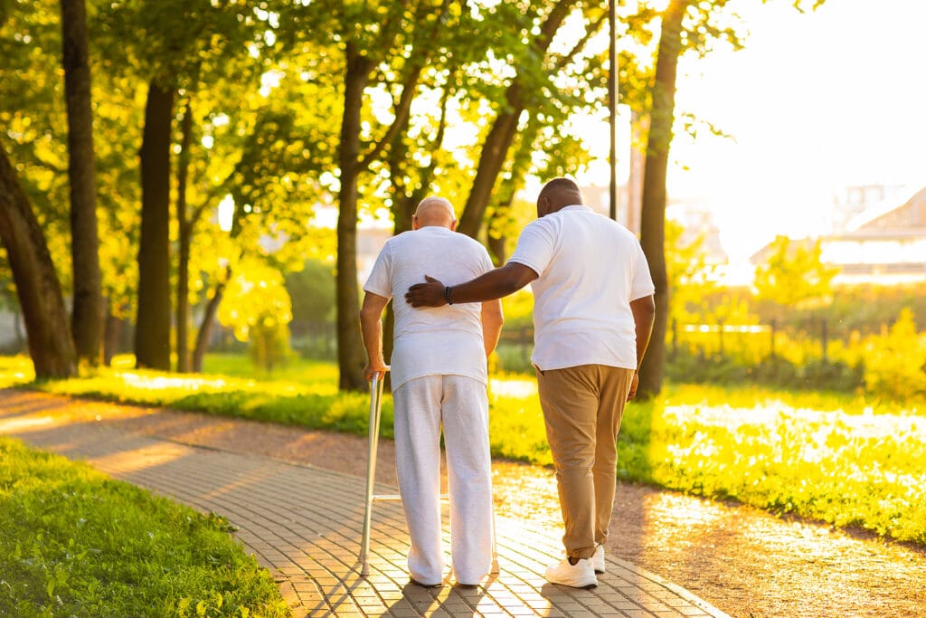 Home care workers can help seniors practice and learn to safely use a walker.