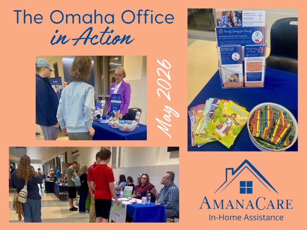 Collage from an Omaha Office event: staff at a blue-table booth distributing brochures and care information, with branding and a 'In-Home Assistance' sign in view