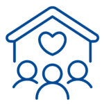 Illustration of a house roof with a heart and multiple people underneath, symbolizing community care or family support